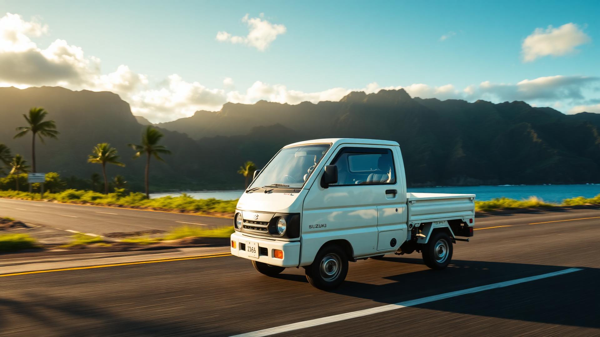 Kei truck cruising a Hawaiian coastal road at golden hour